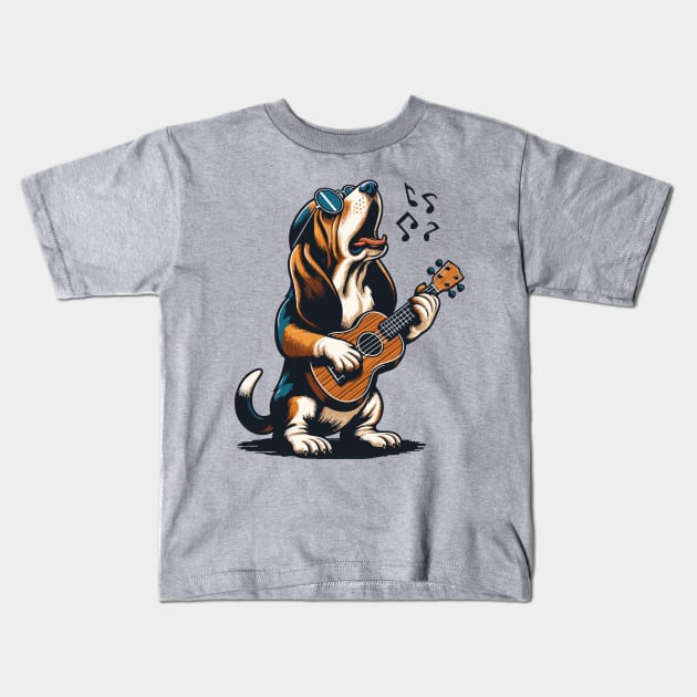 Dog Playing Guitar Singing Basset Hound Funny Kids T-Shirt by BraaiNinja